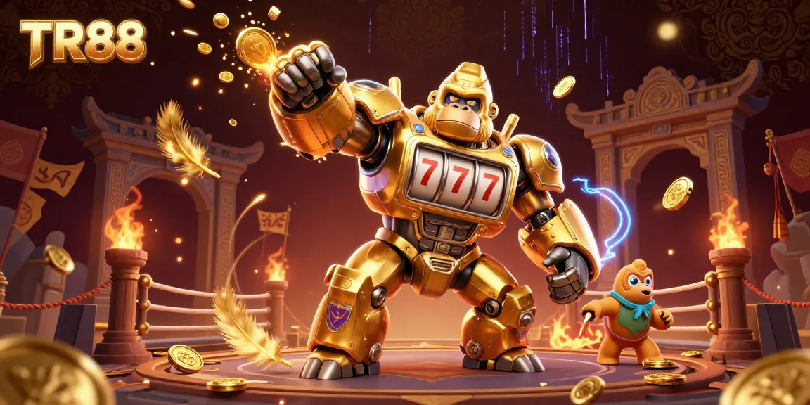 Engage with exhilarating casino action featuring TR88's golden gorilla mech amidst coins and dynamic effects.
