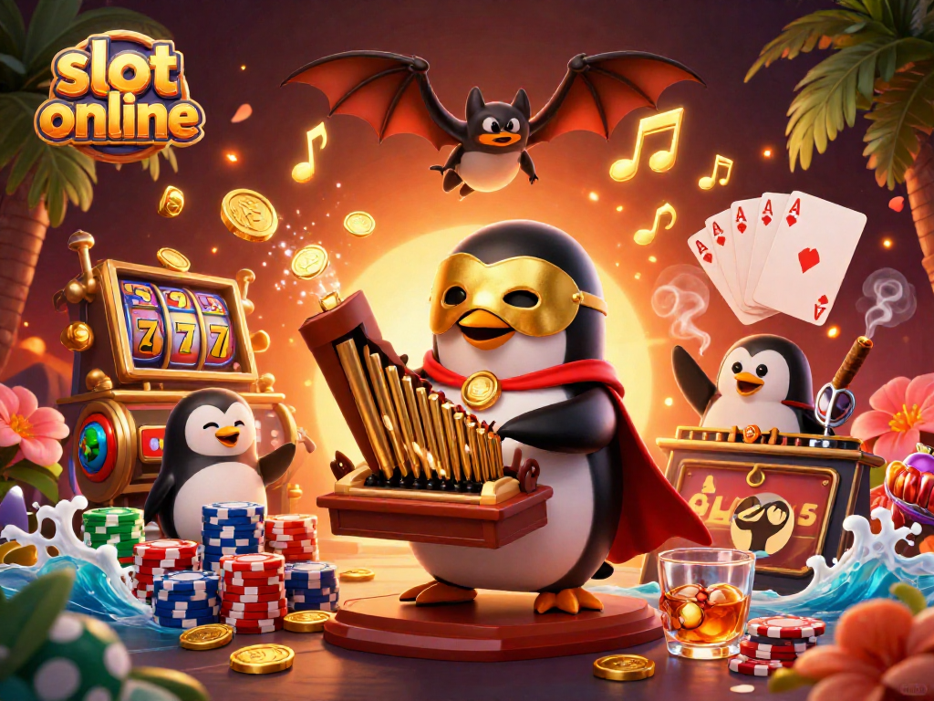Experience thrilling wins at slot online with an imaginative 3D scene featuring a penguin playing a golden organ.