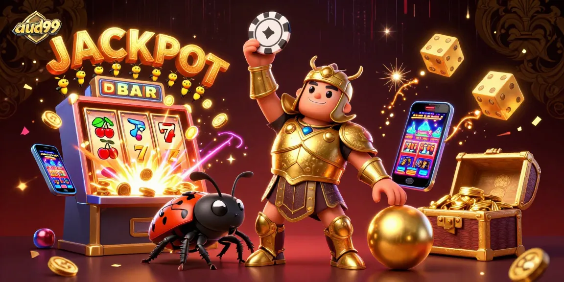 Experience the thrill of winning at aud99; a heroic beetle celebrates with a jackpot.
