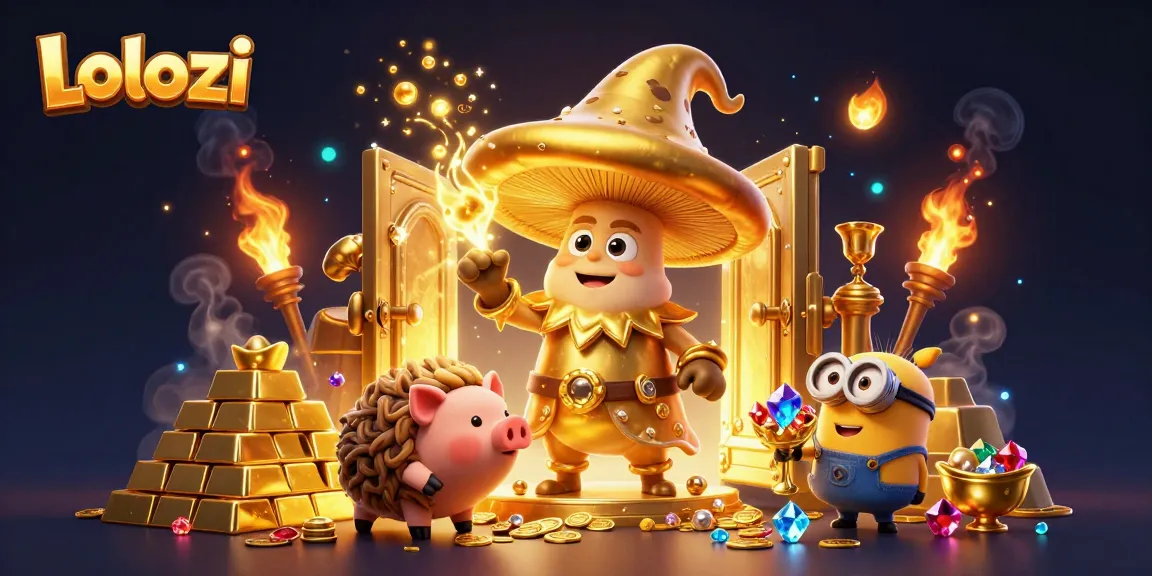 Lolozi offers players an enchanting scene where a golden mushroom wizard and his treasures await strategic wins.