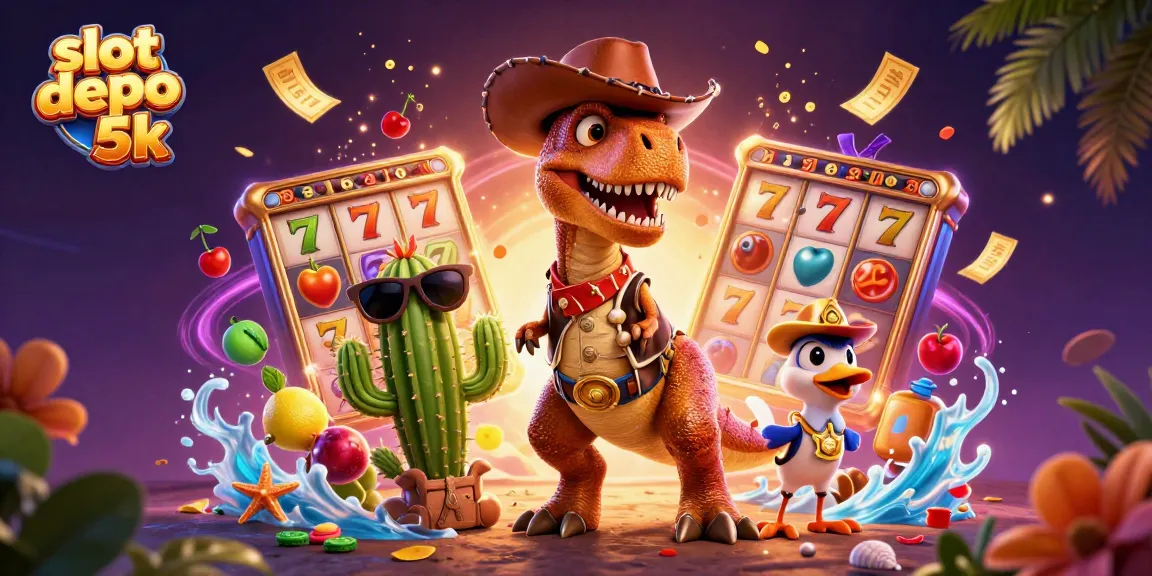 Menangkan jackpot dengan slot depo 5k, tampilan karakter 3D di kasino digital yang penuh warna.