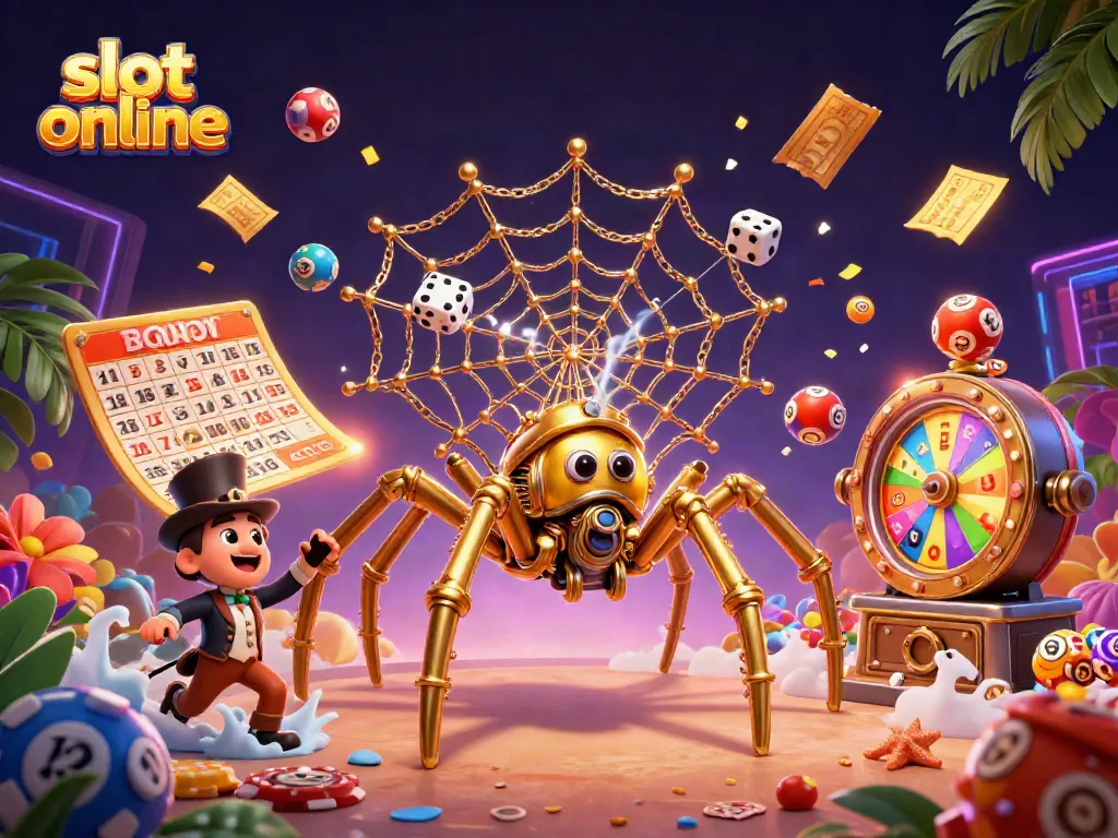 Experience slot online excitement with a vibrant 3D steampunk spider and lotto elements.