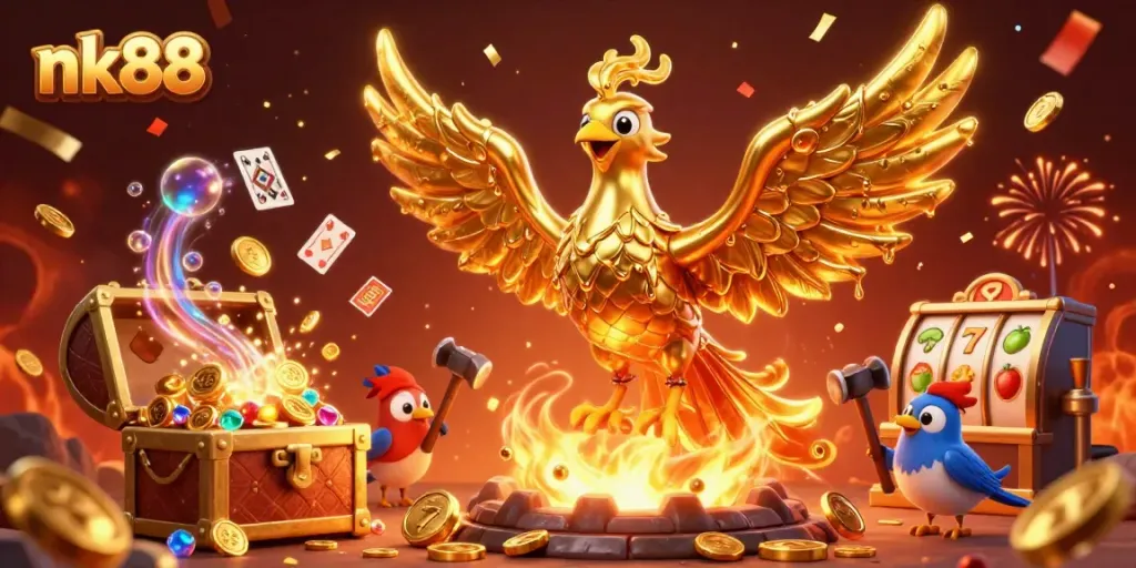 Spin lucky slot reels and collect gold coins with nk88's thrilling 3D gaming experience.