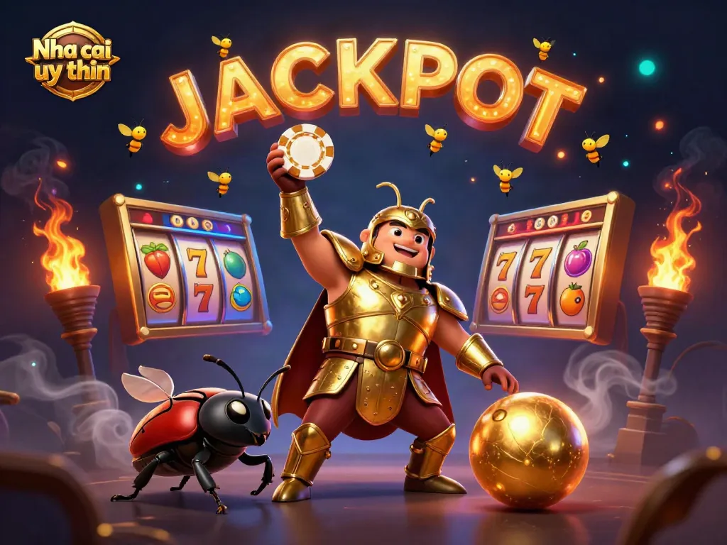Engage with Nha cai uy tin: A victory scene showcasing a cartoon beetle in armor lifting a poker chip amidst lively casino elements.