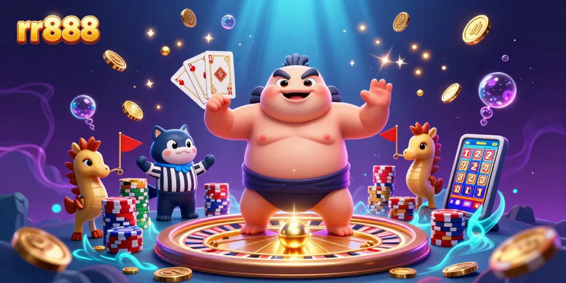 Engage in exciting gameplay at rr888 with a vibrant underwater casino scene featuring a puffed-up fugu in a sumo belt.