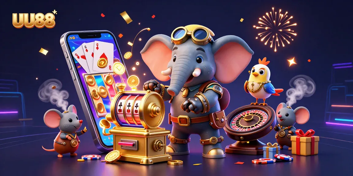 Engage with UU88's innovative slot experience featuring a steampunk elephant and vibrant casino elements.