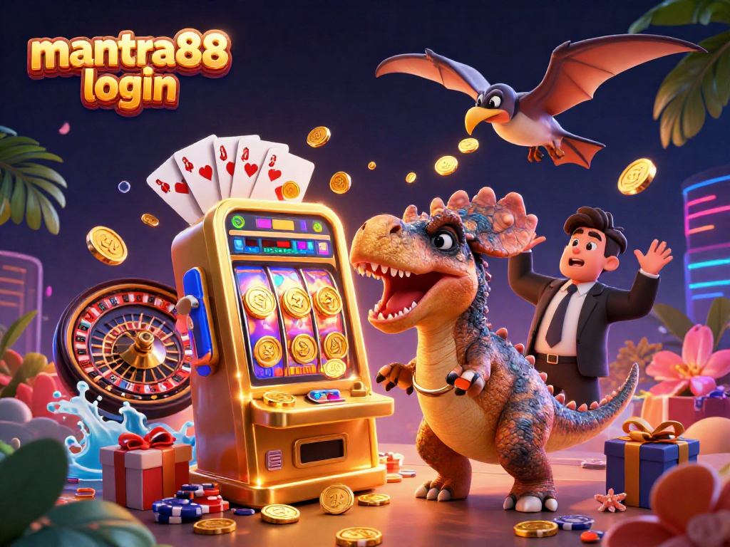 Spin the reels and win big with mantra88 login in this vibrant casino-themed 3D illustration.