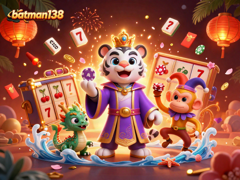 Experience thrill at batman138 with an engaging illustration of a white tiger and golden monkey amidst vibrant casino elements.