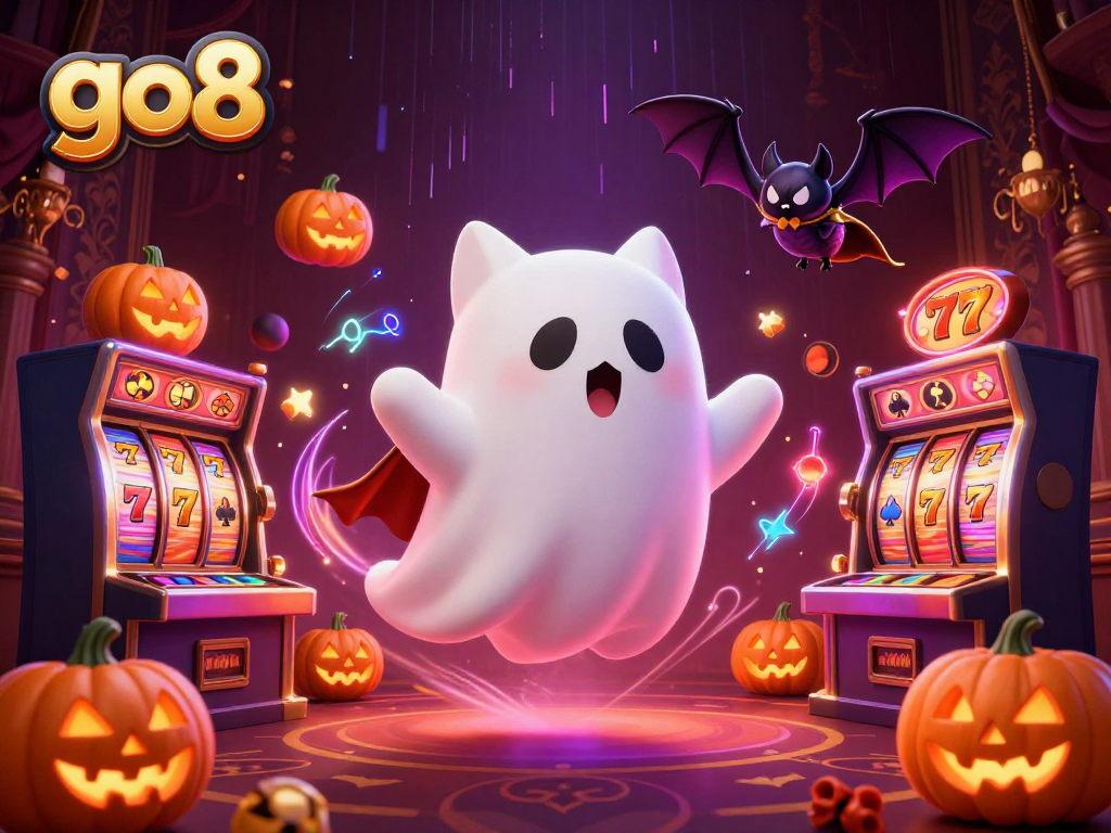 Experience the excitement of go8 with a ghost cat and bat in a vibrant casino scene.