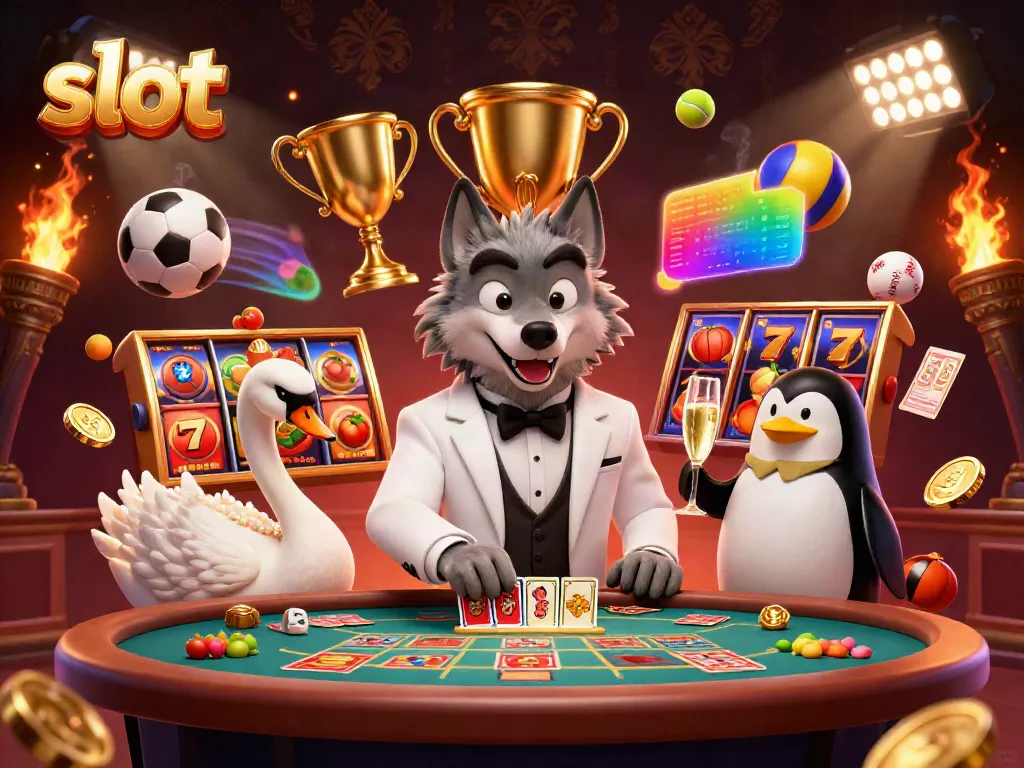 Elegant casino scene showing a wolf, swan, and penguin at a slot machine table with vibrant game elements.