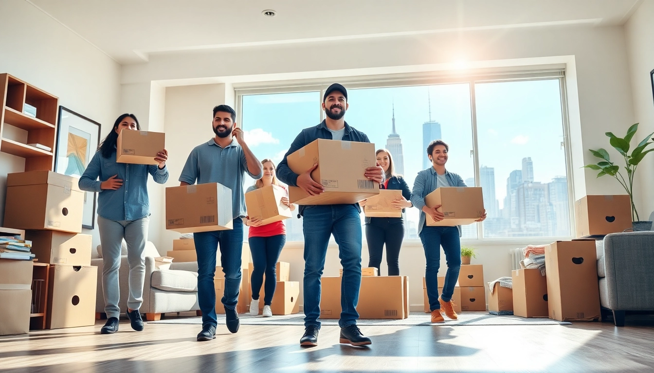 Movers engaged in manhattan moving amidst a vibrant Manhattan skyline, showcasing energy and professionalism.