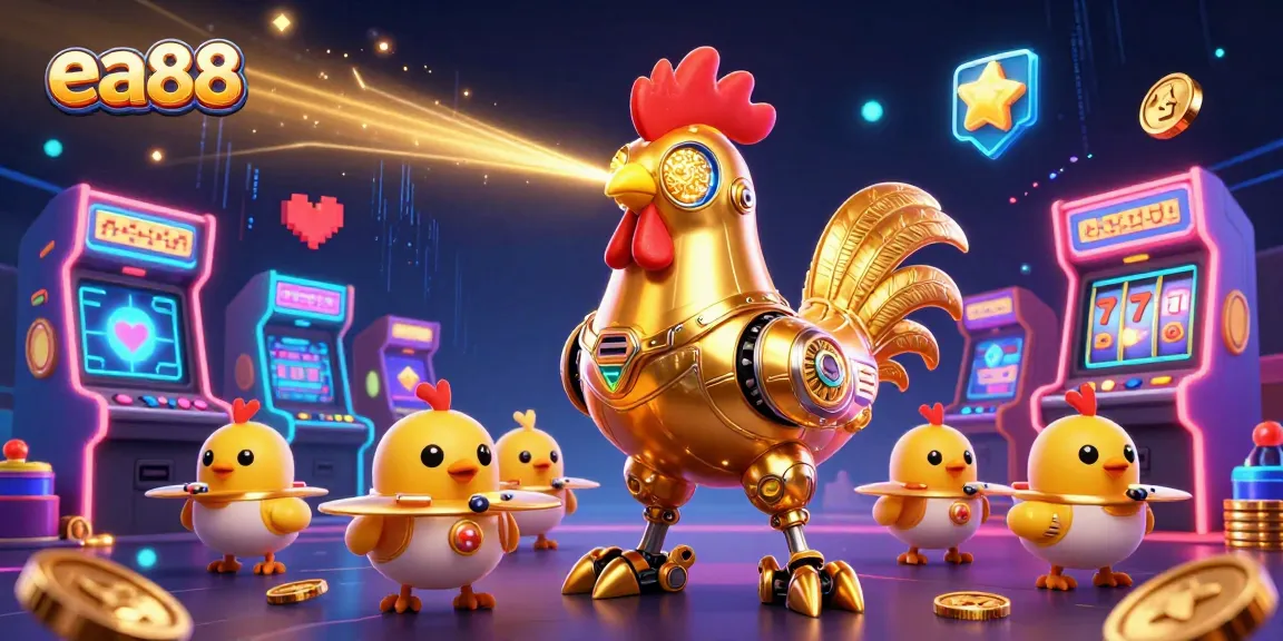 Play exciting slots at ea88 featuring a golden rooster robot amidst colorful arcade elements and dynamic gaming graphics.