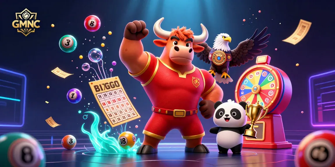 Engage with GMNC as lively lottery balls float amidst winning symbols in a dynamic casino scene.
