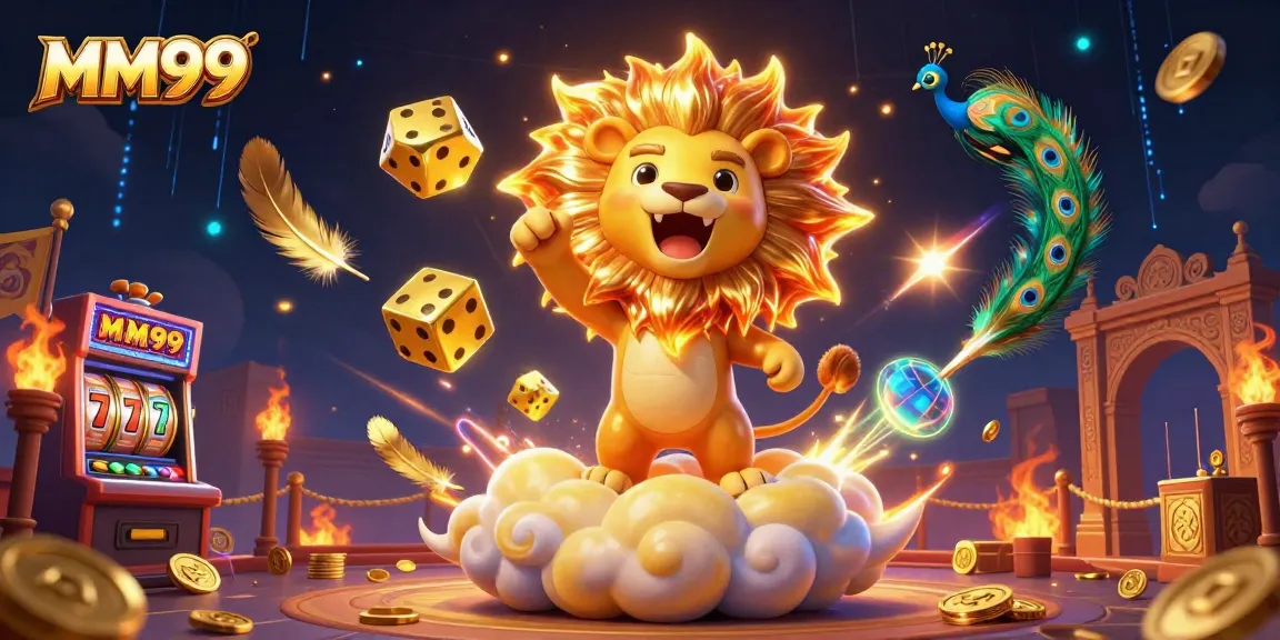 Experience thrilling gameplay with MM99's vibrant 3D casino illustration featuring golden lion and dice.