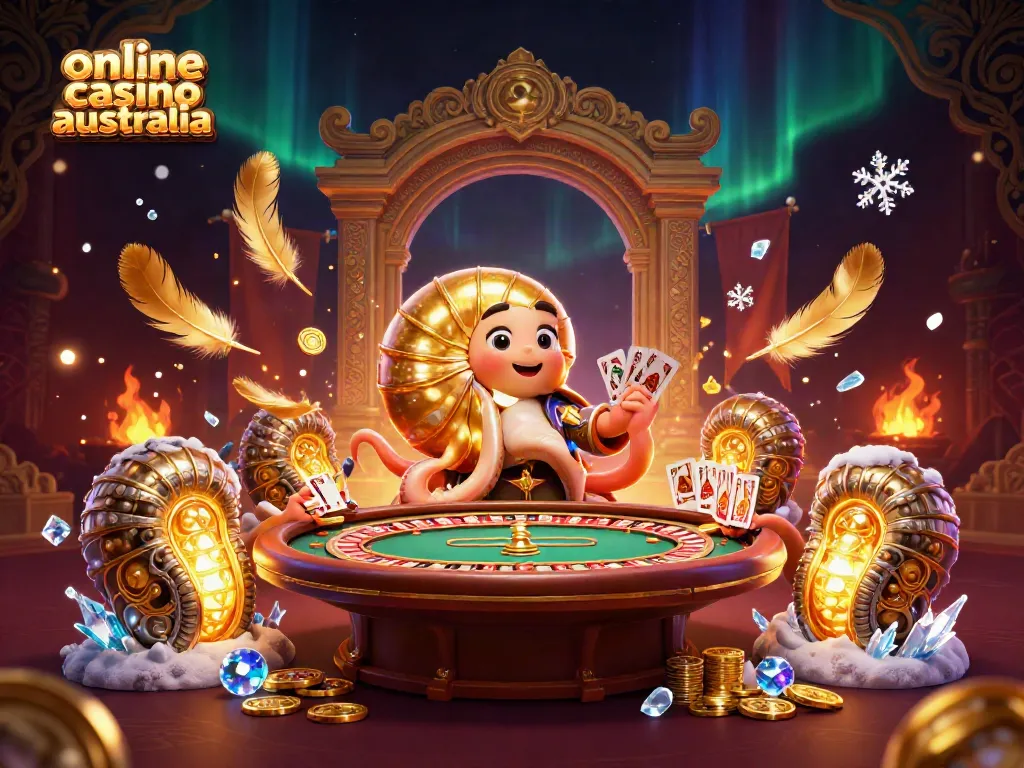 Engaging scene of a giant nautilus roulette wheel illustrating online casino Australia with cards, gold coins, and glowing ammonites.