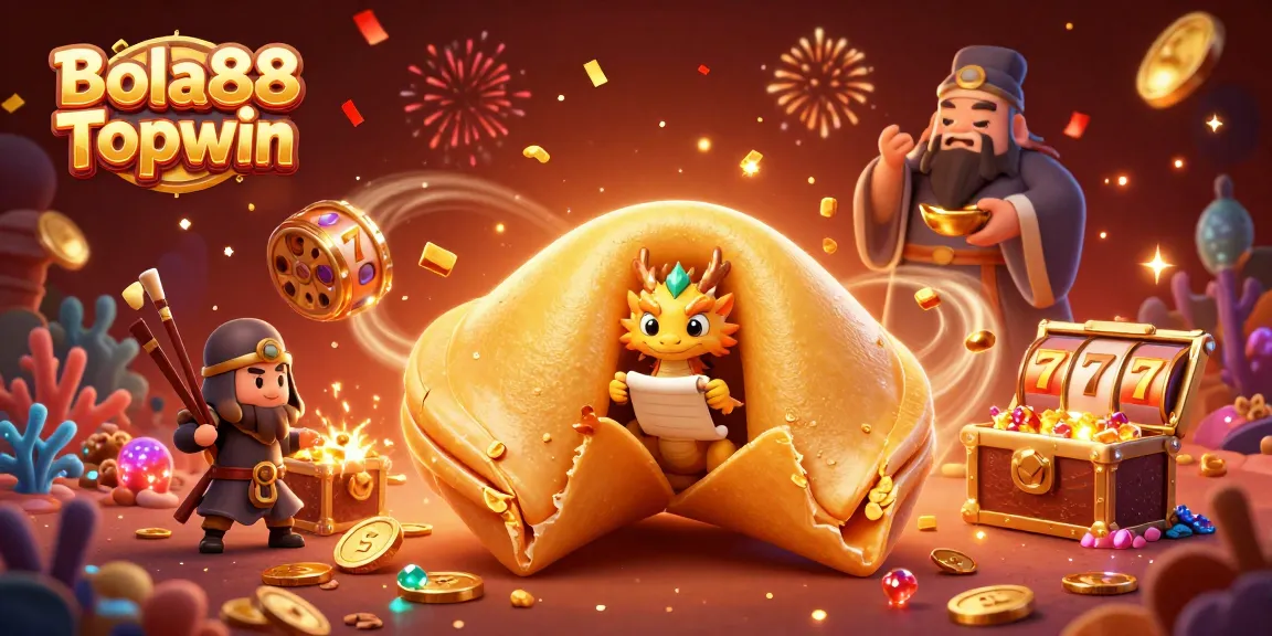 Bola88 Topwin delivers exciting slot gameplay with a golden fortune cookie and dragon in a vibrant casino scene.