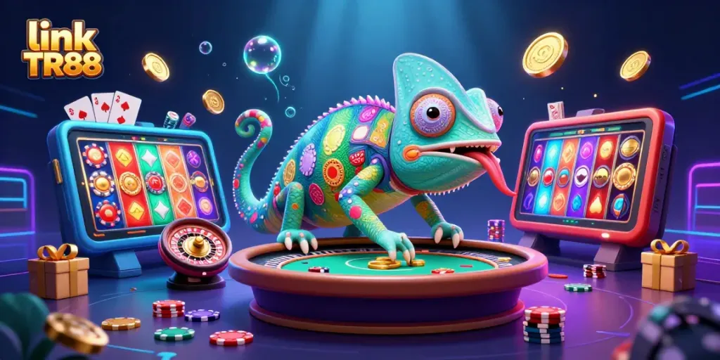Engage with thrilling games at link TR88, featuring a colorful casino scene with a dynamic chameleon character.