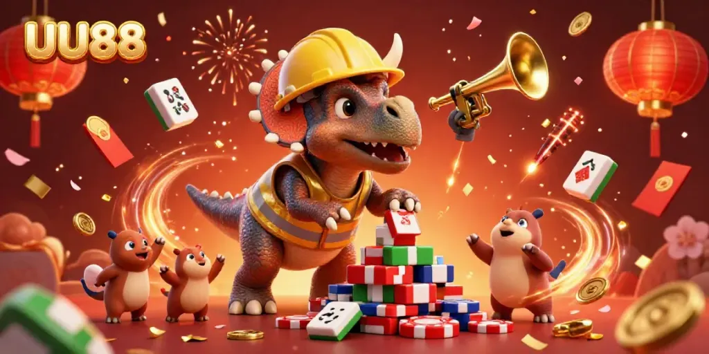 UU88 triceratops and parasaurolophus celebrate a poker chip pyramid with festive gambling elements.