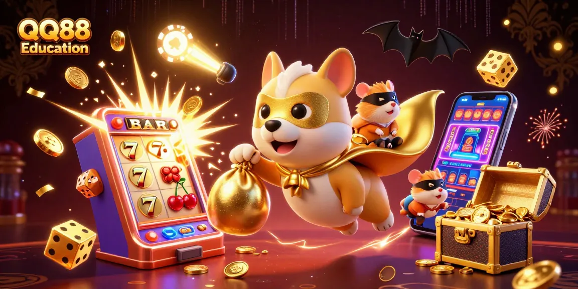 Experience thrilling action as QQ88 Education takes center stage in a vibrant casino atmosphere with cartoon characters and animated elements.