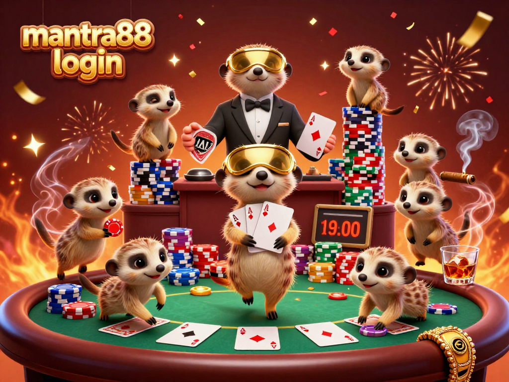 Play in style with mantra88 login at this vibrant meerkat casino scene showcasing lively gaming action and excitement.
