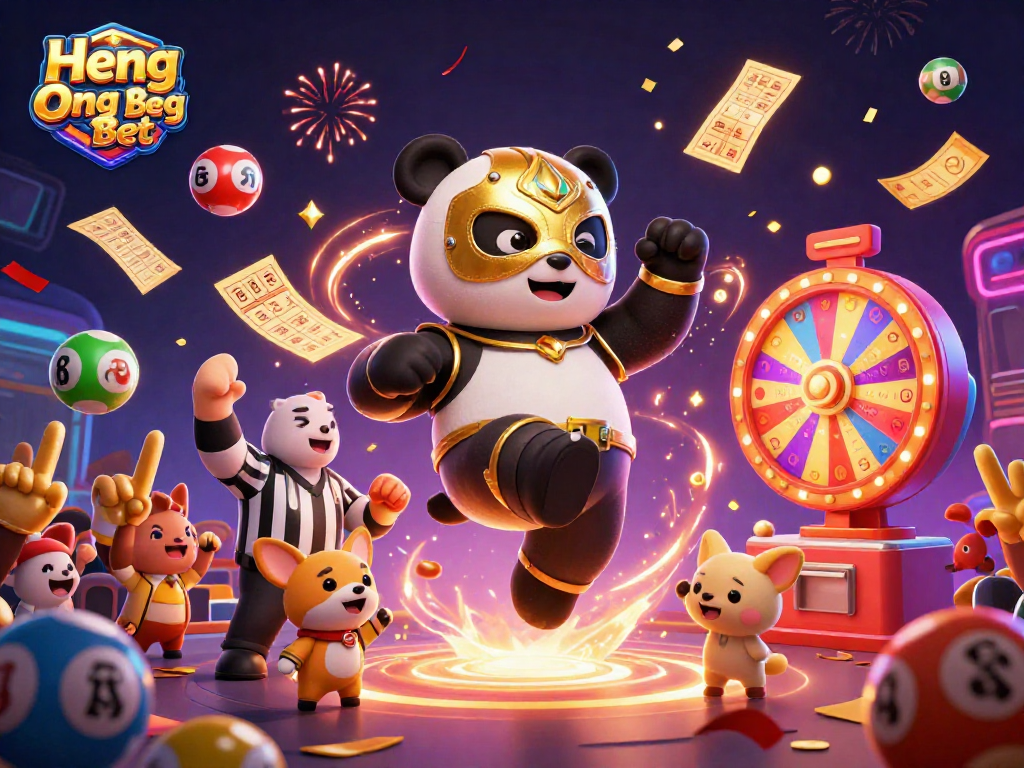 Engage with Heng Ong Bet in a vibrant casino scene featuring a panda wrestler and festive elements.