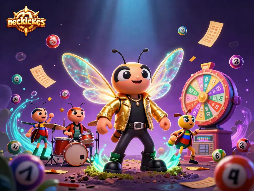 Exciting promotional illustration featuring necklaces amid a vibrant lottery scene with colorful balls and golden winnings.
