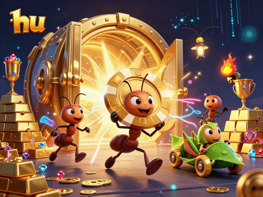Engage with hu and enjoy the heist action featuring ants and treasure in a dynamic casino illustration.