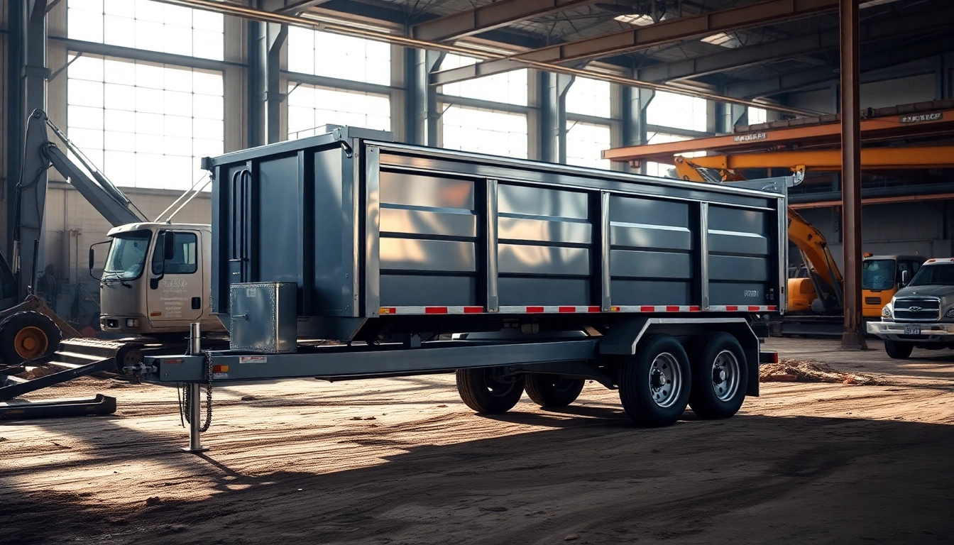Durable dump trailer positioned in a construction environment, showcasing strength and versatility.