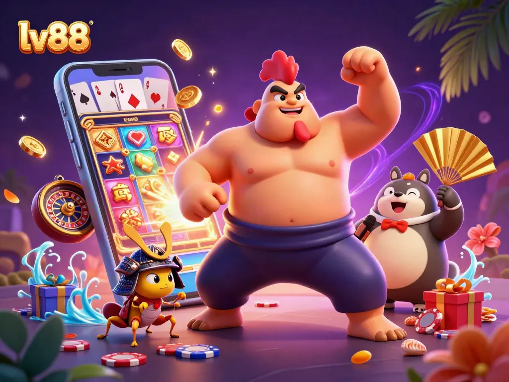 Win big at lv88 with a dynamic scene featuring colorful slot games and thrilling casino elements.