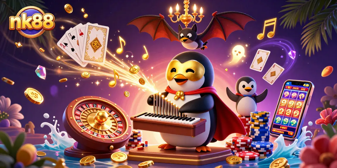 Experience the thrill of nk88 with a lively 3D casino scene featuring gold coins, a phantom penguin, and dynamic game elements.
