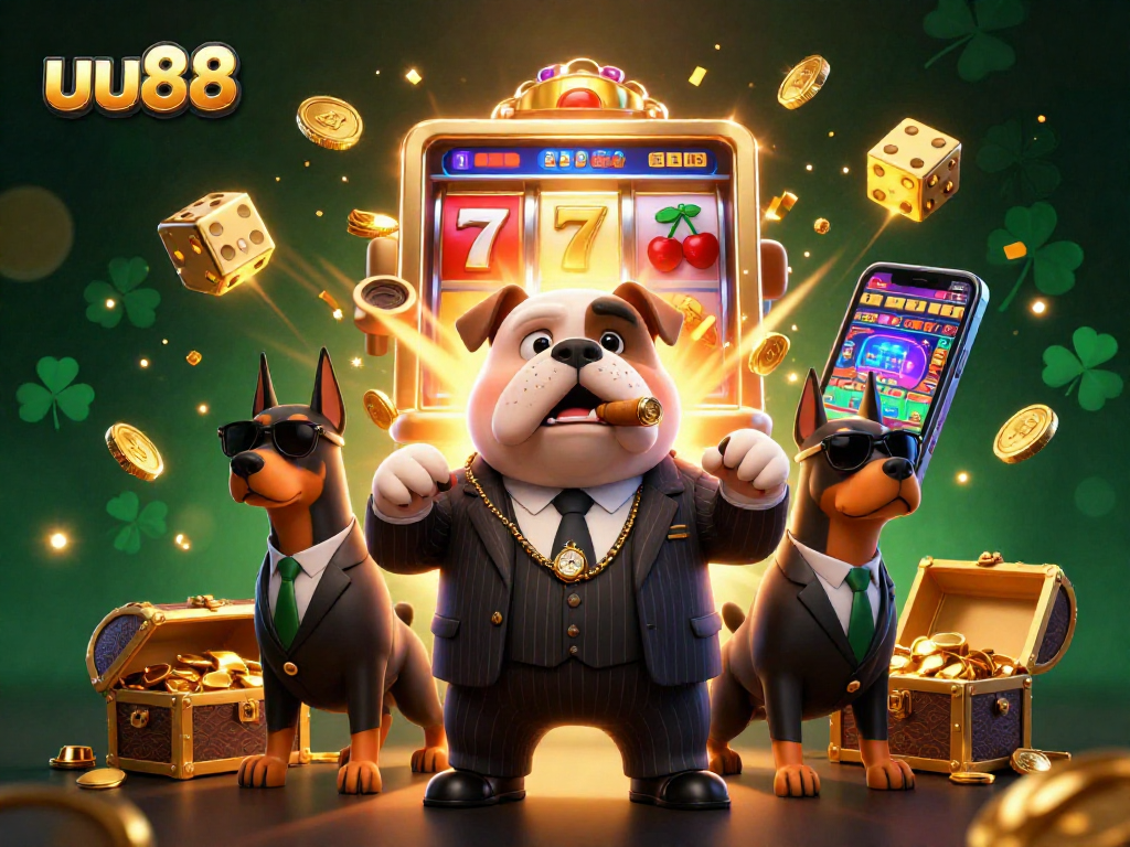Play thrilling games at uu88 with a mafia-themed 3D casino illustration showcasing exciting slot action.