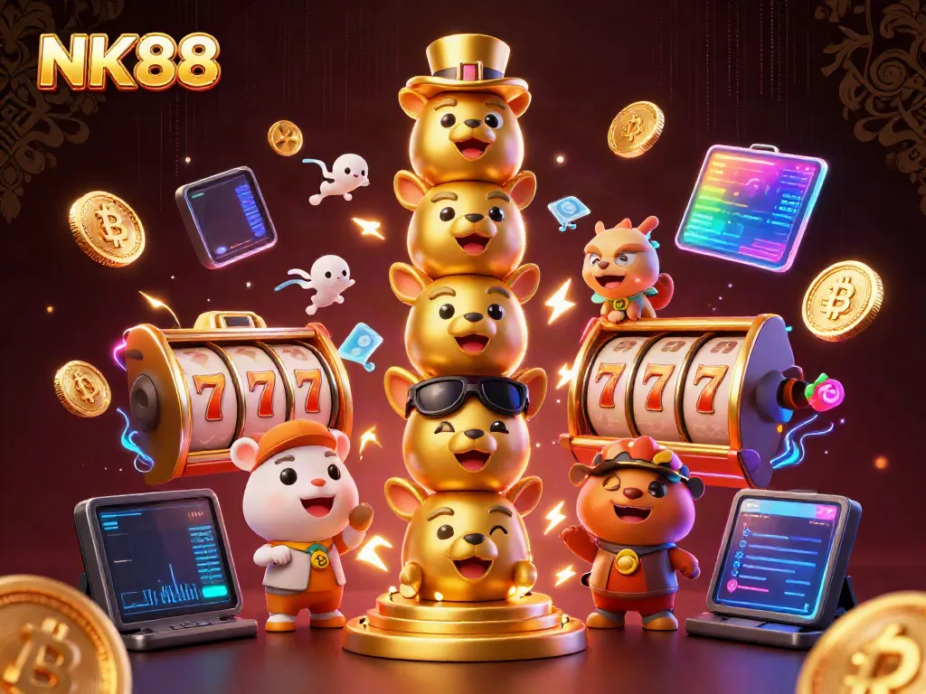 Spin the jackpot wheel with NK88's vibrant casino scene filled with winning symbols and coins.