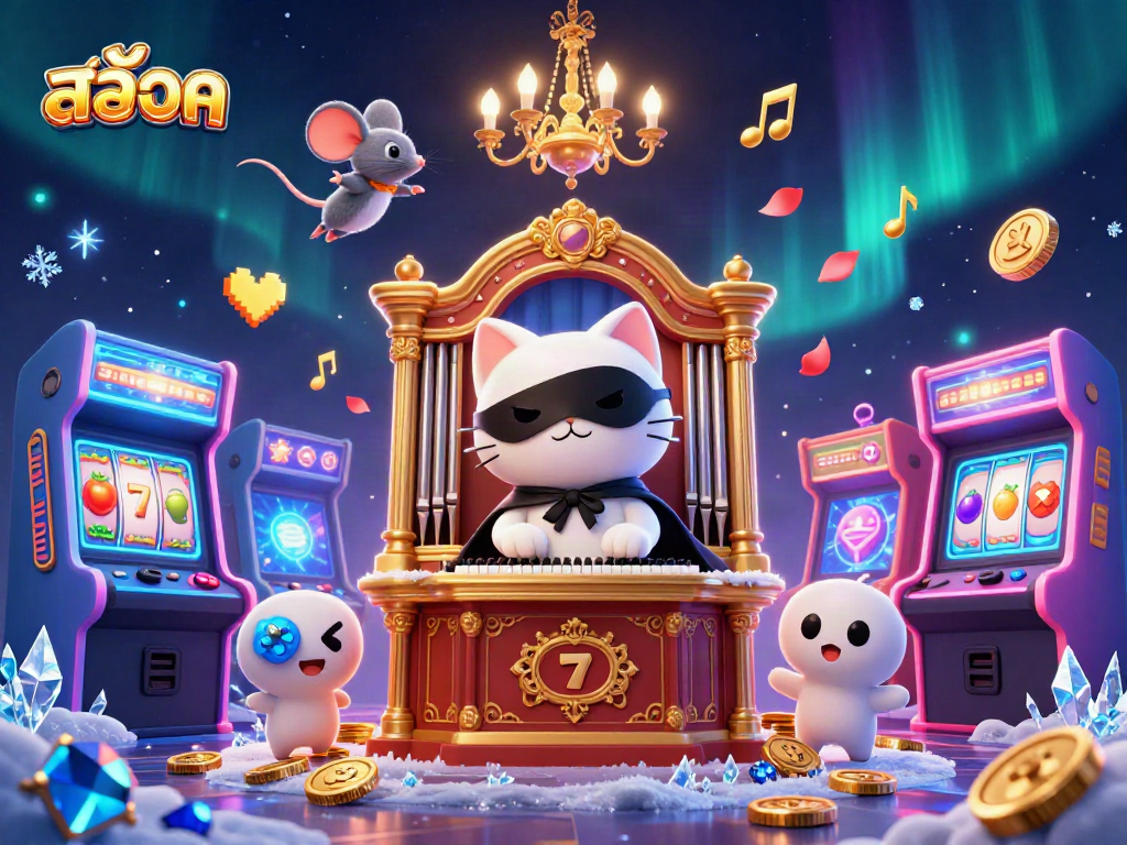 Engage with สล็อต in this vibrant casino illustration showcasing a whimsical cat and acrobat surrounded by game elements.