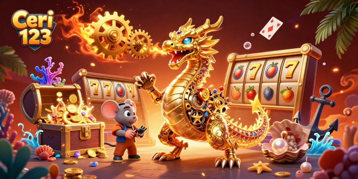 Ceri 123 showcases a dynamic 3D casino scene featuring a golden dragon and slot game elements for exciting gameplay.
