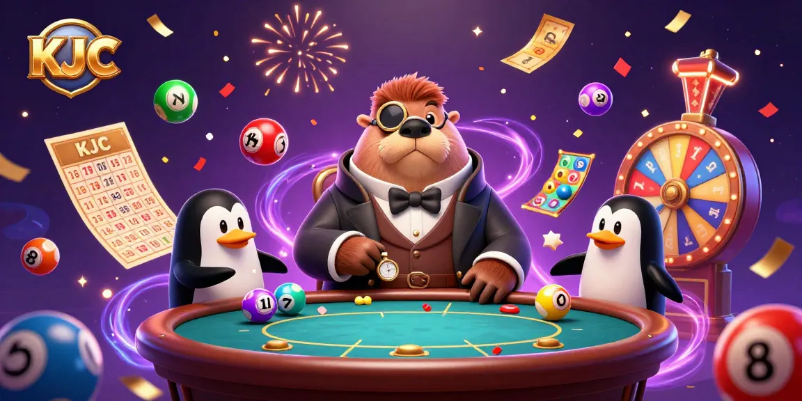KJC gaming illustration depicts a jolly walrus playing poker with a penguin dealer and pufferfish, showcasing vibrant casino elements.