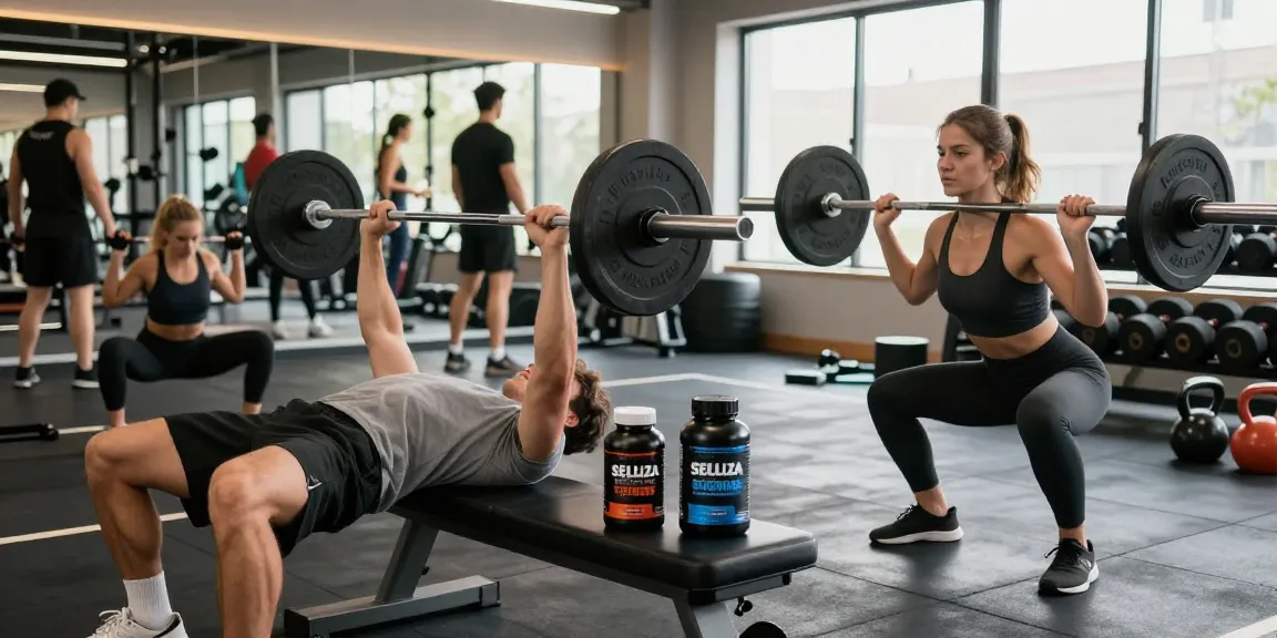 Selliza Steroids used in a vibrant gym scene with fitness enthusiasts lifting weights and engaging in strength training.