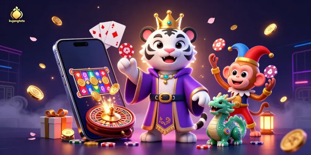 Experience the thrill of bujangtoto with a lively casino scene featuring a regal tiger and playful monkey.