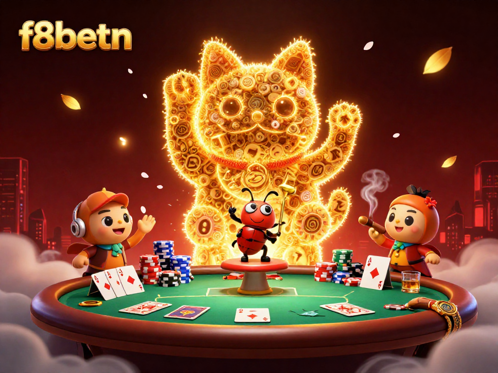 Experience vibrant casino fun with f8betn's lucky cat and casino elements in a colorful illustration.