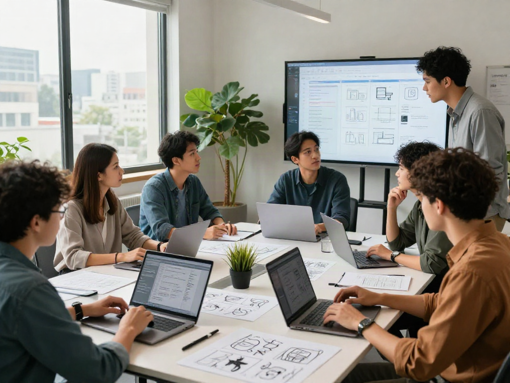 Team collaboration in a tech workspace showcasing crushon innovation and creativity.