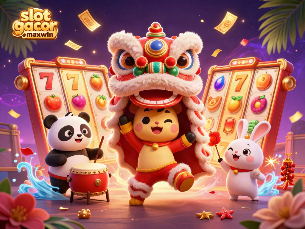Engage with slot gacor maxwin excitement through this vibrant 3D casino illustration featuring dynamic symbols and characters.