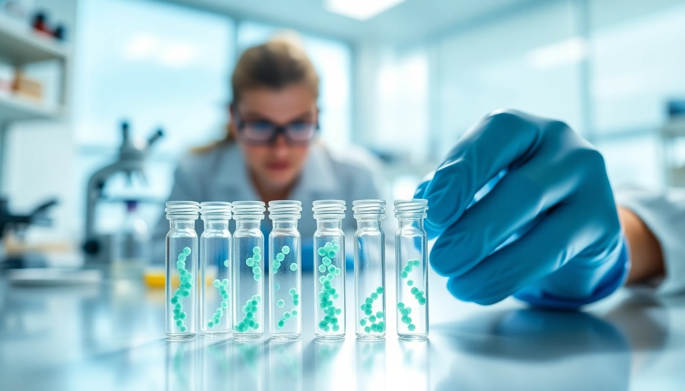 Showcase of peptides for sale in laboratory setting with researcher examining samples.