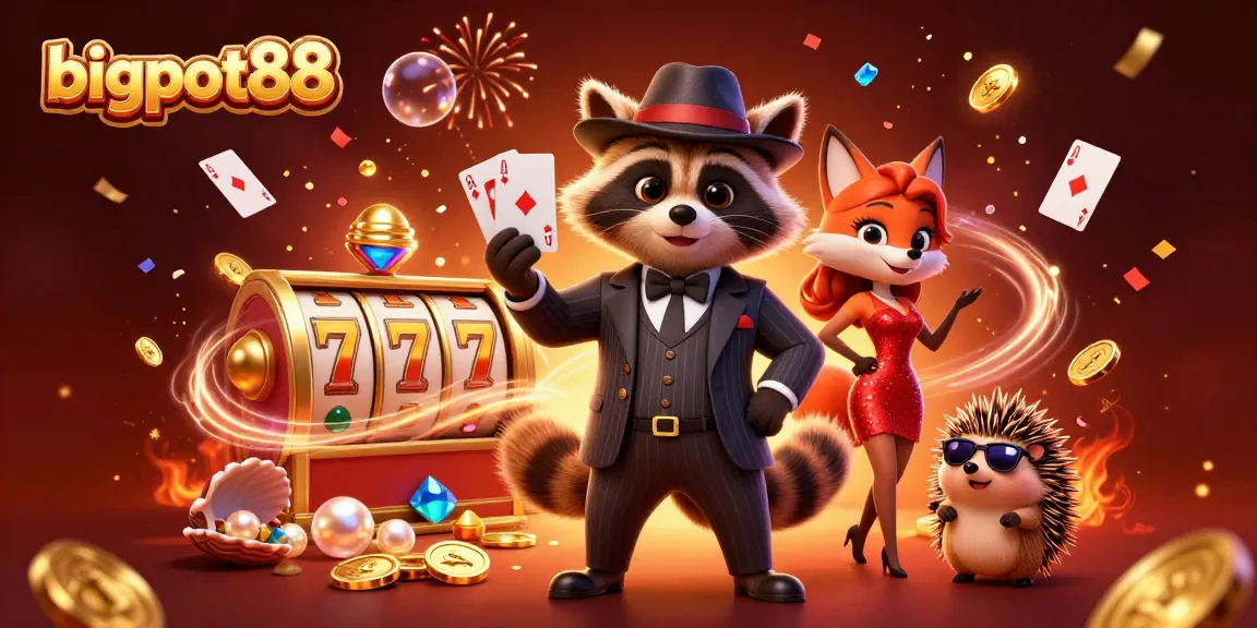 Experience thrilling gameplay at bigpot88 with a suave raccoon, fox lady, and hedgehog amidst dazzling casino elements.