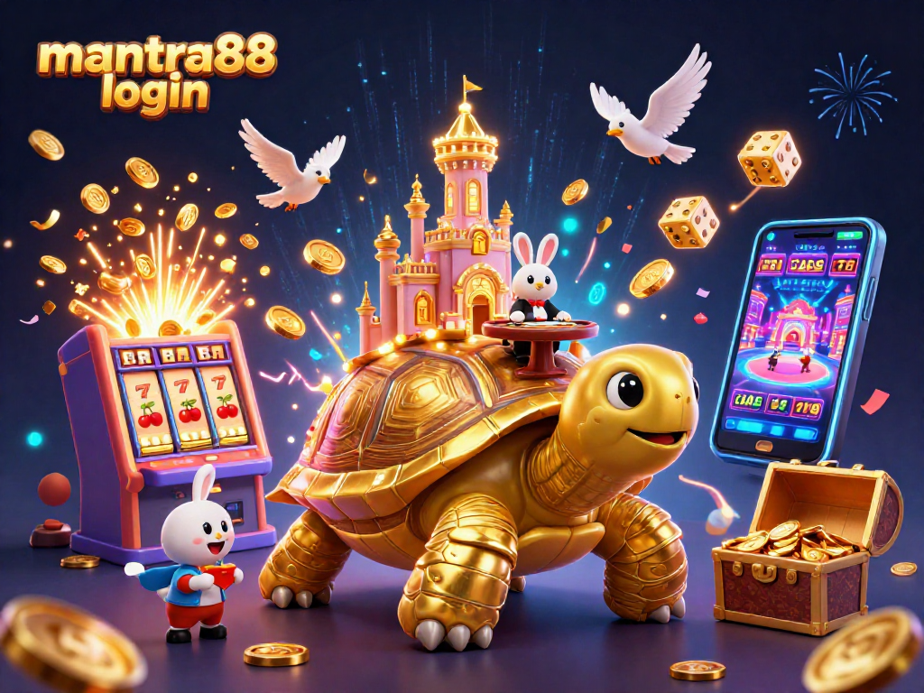 Experience the excitement of mantra88 login with a vibrant digital casino scene filled with golden coins and joyful characters.