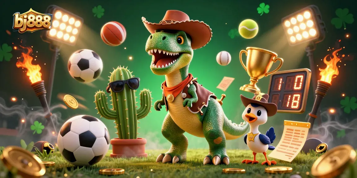 Experience dynamic betting action with bj888 as a T-Rex dinosaur cowboy and friends celebrate wins.
