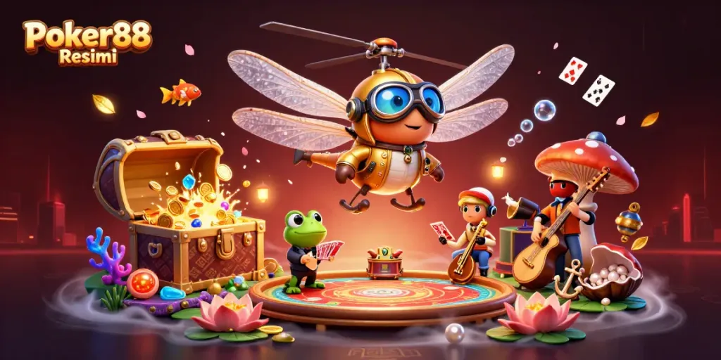 Play poker at Poker88 Resmi with a dynamic 3D casino scene featuring unique characters and elements.