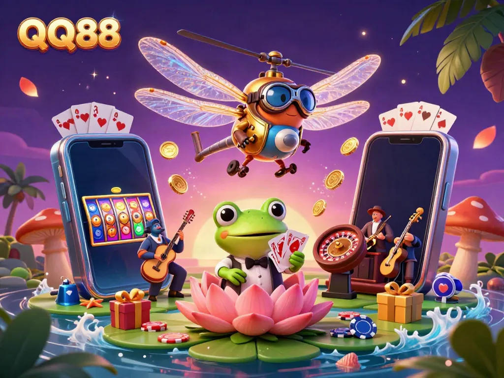 Experience thrilling games at QQ88 with unique characters and vibrant casino elements in a rich, colorful setting.