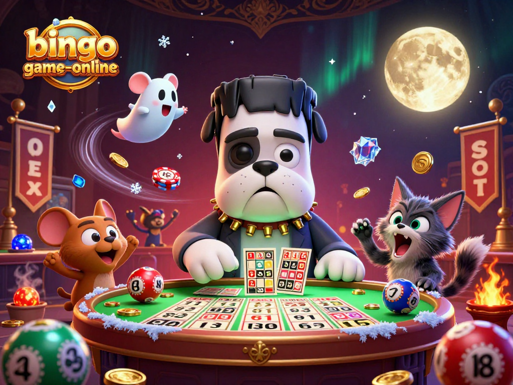 Bingo-game-online showcases a lively scene with a Frankenstein bulldog card dealer, bingo chips, and a golden moon.