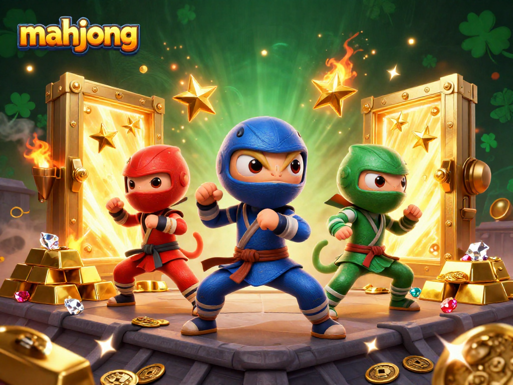 Experience mahjong excitement with ninja chameleons in a dazzling casino scene full of riches.