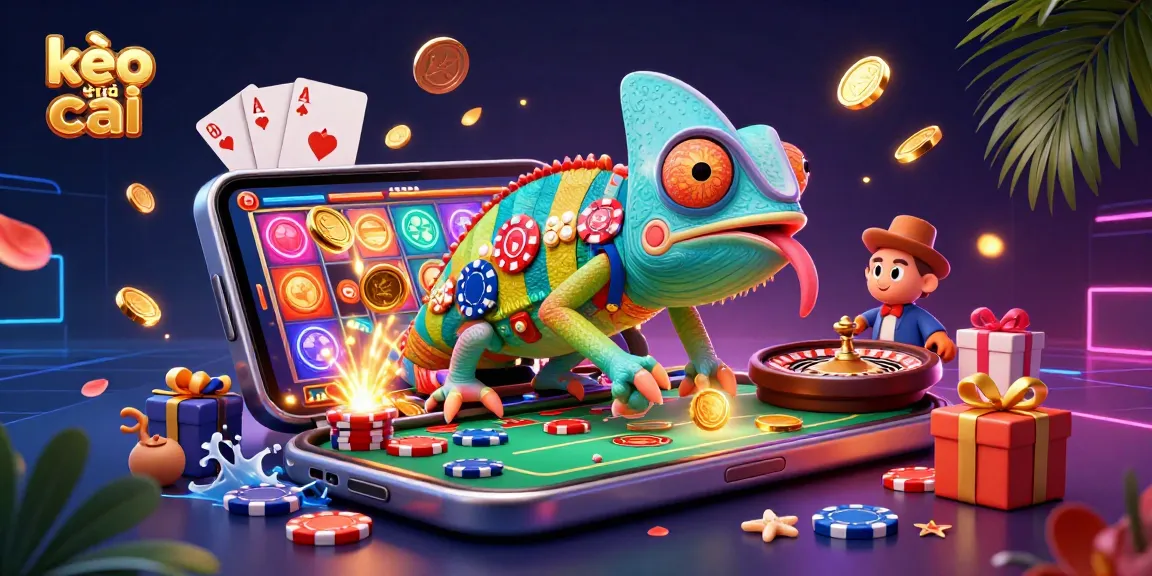 Engage with kèo nhà cái through a vibrant casino scene featuring a colorful chameleon and dynamic gaming elements.