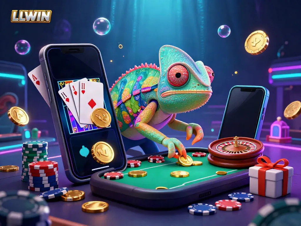 Experience thrilling gaming moments at LLWIN with vibrant casino elements and a charming chameleon mascot.